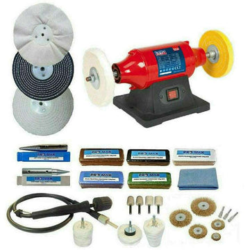 Sealey 6" Bench Polisher in red with black base, polishing wheels, compounds, flexi shaft and accessories