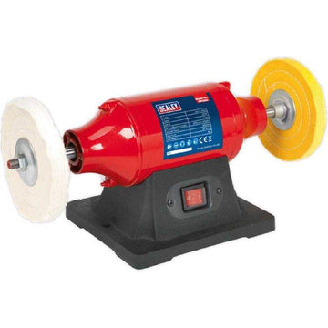 Sealey 6" Bench Polisher with red metal housing, black base, white buffing wheel and yellow polishing wheel