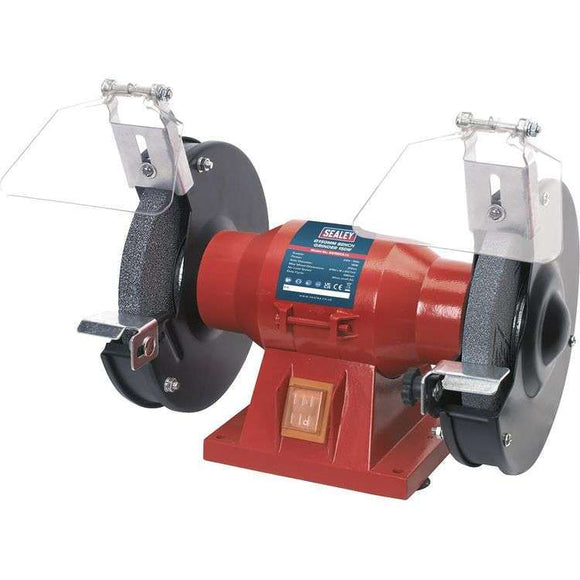 Sealey 6 bench grinder in red metal with twin abrasive wheels, clear eye shields and adjustable tool rests