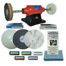 Sealey 8" 550W Bench Polisher in red and black with polishing wheels, compounds, cloth and metal polishing guide