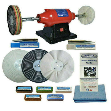 Sealey 8" 550W Bench Polisher in red and black with polishing wheels, compounds, cloth and metal polishing guide