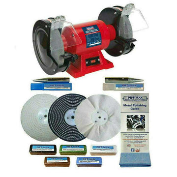 Sealey 8" 600W Bench Grinder in red with twin grinding wheels, polishing discs, compounds and guide