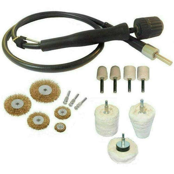 Sealey 8" 600W Bench Grinder polishing kit with black flexi-drive shaft, wire wheels and white buffing wheels