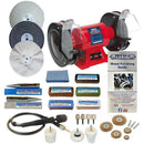 Sealey 8" 600W Bench Grinder in red with twin grinding wheels, polishing discs, compounds and accessories