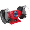 Sealey 8" 600W Bench Grinder in red metal housing with twin grey grinding wheels and clear guards