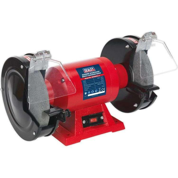 Sealey 8" 600W Bench Grinder in red metal housing with twin grey grinding wheels and clear guards