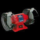 Sealey 8" 600W Bench Grinder in red metal housing with dual grey grinding wheels and clear eye shields