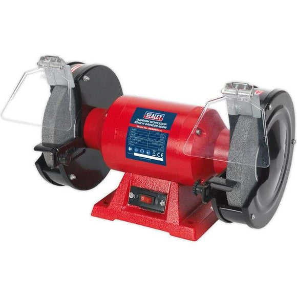 Sealey 8" 600W Bench Grinder with red metal housing, twin grinding wheels, guards and adjustable tool rests