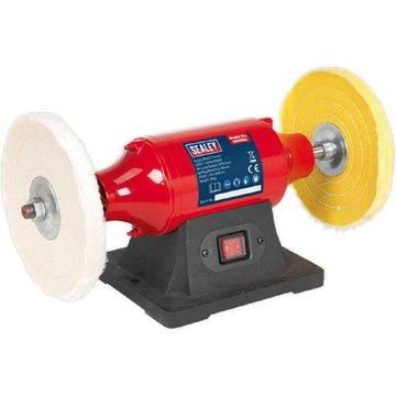 Sealey 8" Bench Polisher with red metal housing, black base, and white and yellow polishing wheels