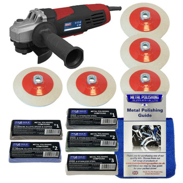 Sealey angle grinder in red and black with four felt polishing wheels, metal compounds, guide and microfibre cloth
