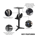 Sealey Bench Grinder Stand with black steel column, adjustable height, cast iron mounting base, and integrated accessory tray