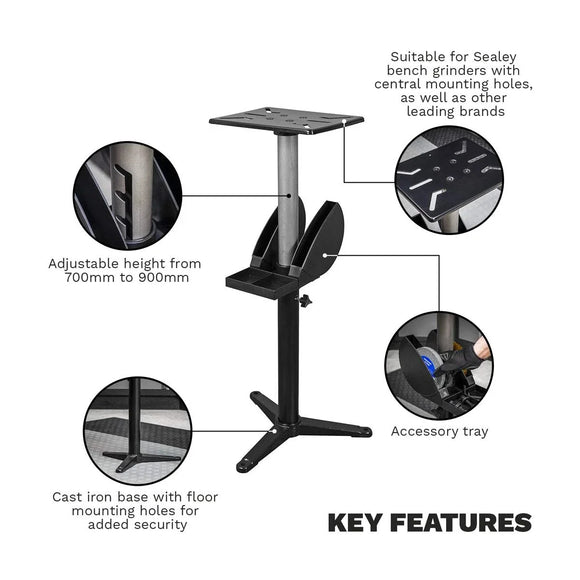 Sealey Bench Grinder Stand with black steel column, adjustable height, cast iron mounting base, and integrated accessory tray
