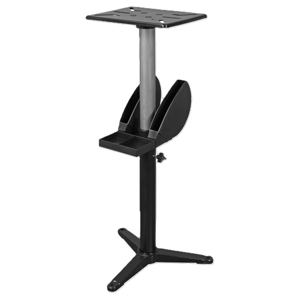 Sealey Bench Grinder Stand with black metal frame, perforated top plate, adjustable post and integrated grinding wheel tray