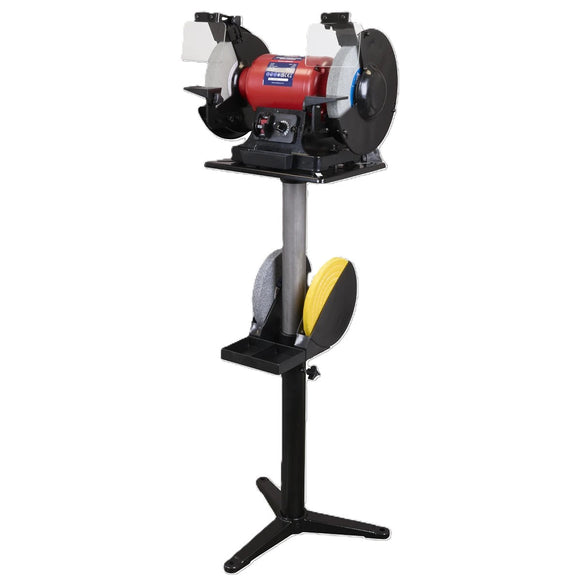 Sealey Bench Grinder Stand with black metal frame, top-mounted grinder, accessory tray and two wheel compartments