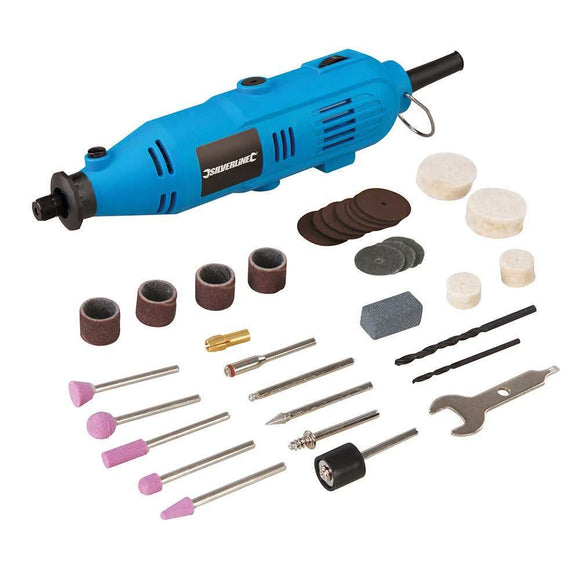 Silverline 135W Multi-Function Rotary Tool in blue with black accents, shown with assorted sanding, polishing and cutting accessories