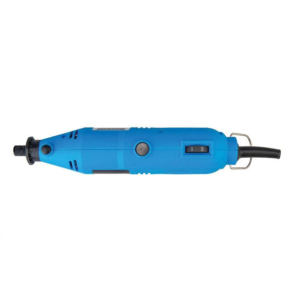 Silverline 135W Multi-Function Rotary Tool in blue with a black cord, spindle lock and suspension loop
