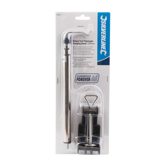 Silverline Rotary Tool telescopic hanging stand in silver metal with adjustable shaft and black clamp