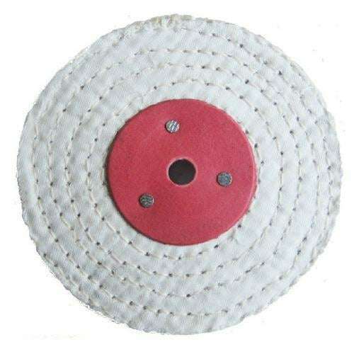 Sisal buffing polishing wheels, white layered sisal material with stitched rings and red metal centre hub