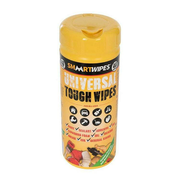 Smaart Universal Tough Wipes 40-pack in a yellow cylindrical dispenser with a flip-top lid and printed label