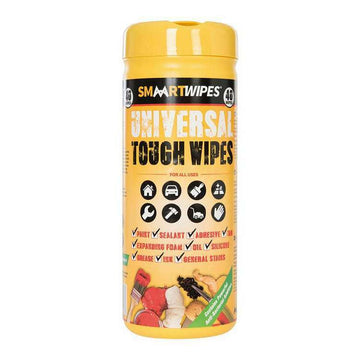 Smaart Universal Tough Wipes in a yellow cylindrical tub, featuring bold black and white label graphics, 40 wipes