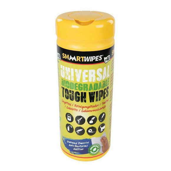 Smaart Universal Tough Wipes in a yellow cylindrical tub, biodegradable 40-pack with flip-top lid