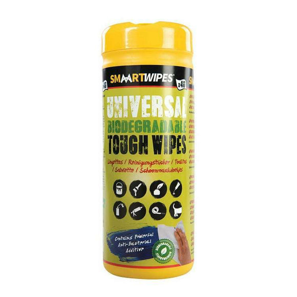 Smaart Universal Tough Wipes in a yellow cylindrical tub, biodegradable cleaning wipes with a yellow lid and printed label