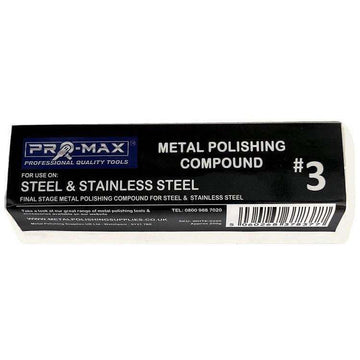 Metal polishing compound bar in black and white packaging, labelled Steel & Stainless Steel, Pro-Max #3 final finish.