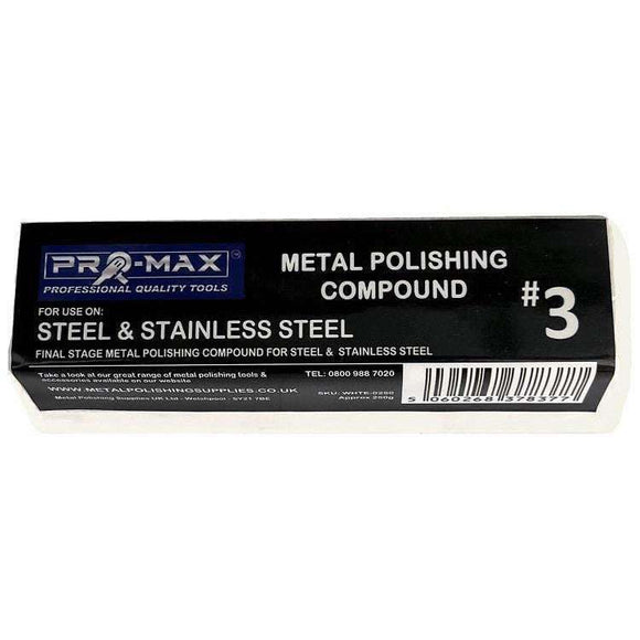 Metal polishing compound bar in black and white packaging, labelled Steel & Stainless Steel, Pro-Max #3 final finish.