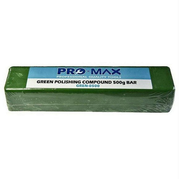 Steel & Stainless Steel green metal polishing compound bar, Pro-Max 500g wrapped block with labelled packaging