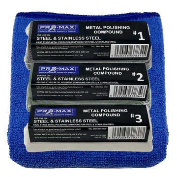 Steel & Stainless Steel polishing compound kit with black, green and white bars and blue microfibre cloth