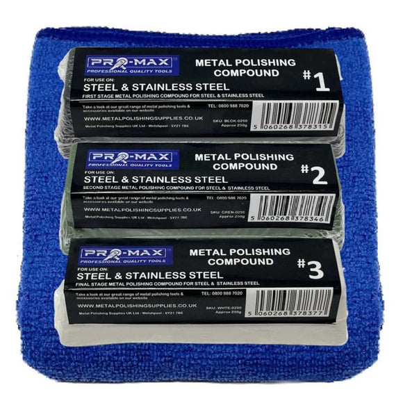 Steel & Stainless Steel polishing compound kit with black, green and white bars and blue microfibre cloth