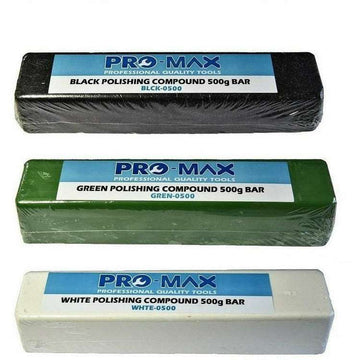 Steel & Stainless Steel polishing compound kit with black, green and white 500g bars in wrapped packaging