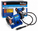 Variable Speed Mini Bench Grinder in blue metal with 3-inch abrasive wheels, clear guards and flexible drive shaft