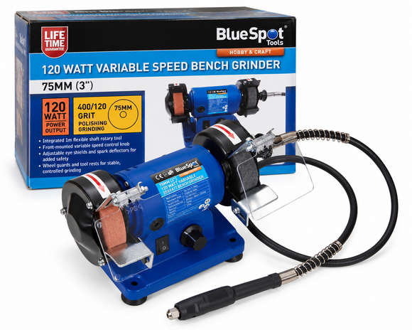 Variable Speed Mini Bench Grinder in blue metal with 3-inch abrasive wheels, clear guards and flexible drive shaft