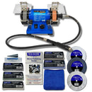 Variable Speed Mini Bench Grinder with a blue metal body, twin abrasive wheels, flexible drive shaft and polishing accessories