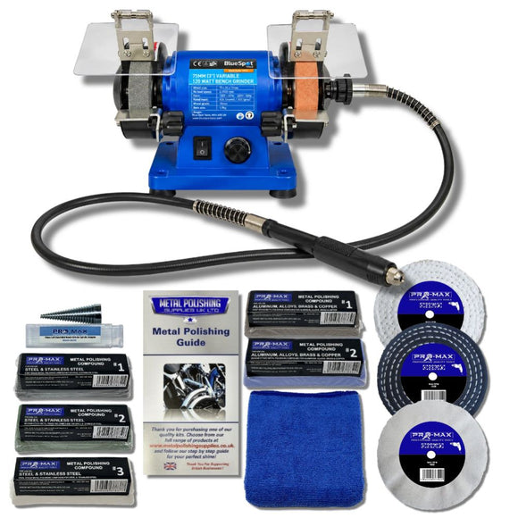 Variable Speed Mini Bench Grinder with a blue metal body, twin abrasive wheels, flexible drive shaft and polishing accessories