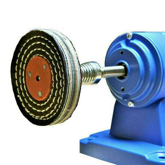 Variable Speed Mini Bench Grinder with a blue metal housing and a layered black and cream polishing wheel