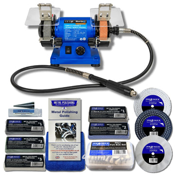 Variable Speed Mini Bench Grinder in blue with metal abrasive wheels, flexible drive shaft, polishing buffs, compounds and felt bob set