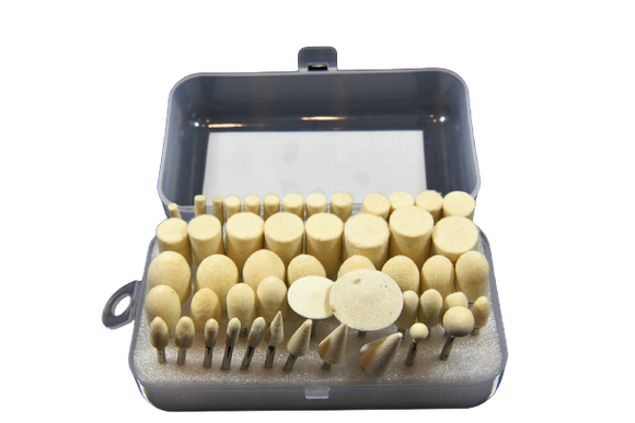 Variable Speed Mini Bench Grinder polishing kit shown as an open case of assorted beige felt polishing tips and bob attachments