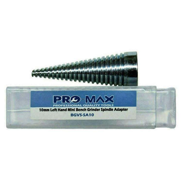 Variable Speed Mini Bench Grinder spindle adapter, silver metal with threaded shaft, stored in a clear plastic case