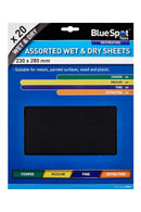 Wet And Dry Sandpaper assorted 20-piece sheets in blue packaging with coarse to extra fine grit options