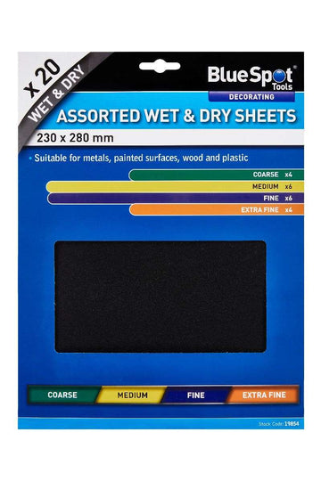 Wet And Dry Sandpaper assorted 20-piece sheets in blue packaging with coarse to extra fine grit options