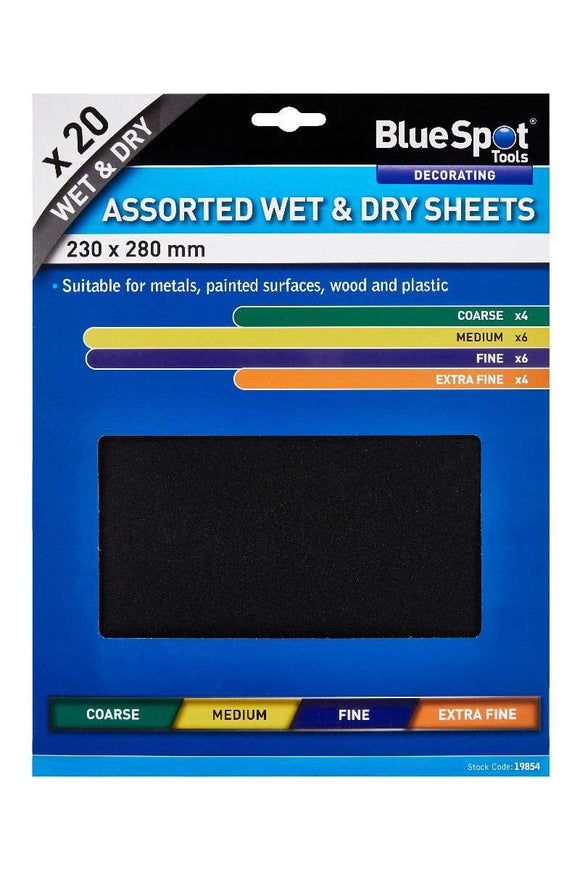 Wet And Dry Sandpaper assorted 20-piece sheets in blue packaging with coarse to extra fine grit options
